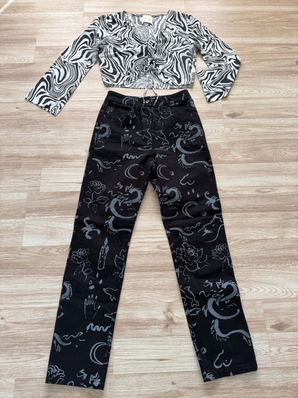 RARE Paloma Wool Bartolomeo Pants w/ Gray Dragon Celestial Tattoo Graphic Print